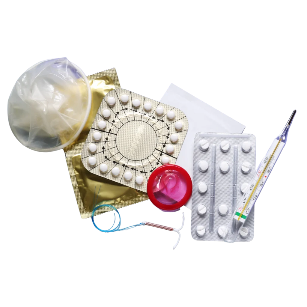 Verschiedene Verhütungsmittel und Utensilien zur Familienplanung wie Kondome, Antibabypillen, eine Kupferspirale und ein Fieberthermometer.