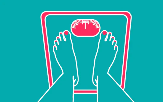 Eine stilisierte Grafik von oben betrachtet, die zwei Füße auf einer Waage zeigt. Die Füße sind weiß umrandet, die Waage ist Pink und Weiß auf einem türkisfarbenen Hintergrund. Das Icon illustriert Tipp 1: Achte auf Dein Gewicht, wenn Du schwanger werden willst!