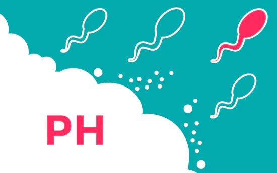 Eine grafische Illustration auf türkisfarbenem Hintergrund. Rechts schwimmen stilisierte Spermien (weiß umrandet, eines rot hervorgehoben). Links ist eine weiße Wolke mit dem pinken Schriftzug „PH“ zu sehen. Sie illustriert Tipp 2: Verzichte auf herkömmliche Gleitmittel, die den pH-Wert der Vagina und die Spermienbeweglichkeit stören könnten!