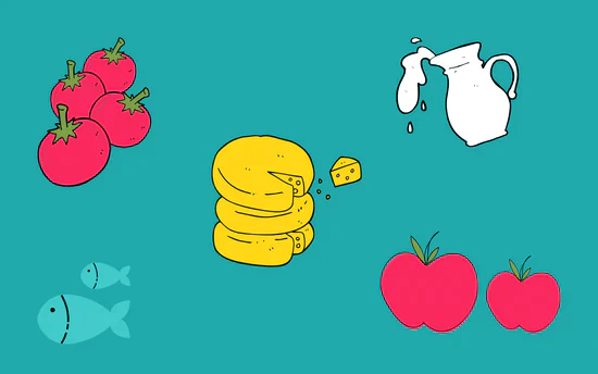 Eine illustrative Collage verschiedener gesunder Lebensmittel auf türkisfarbenem Hintergrund, darunter eine Ansammlung roter Tomaten, ein Stapel gelber Käselaibe mit einem Stück daneben, ein weißer Milchkrug, der Milch ausgießt, zwei Fische und zwei Äpfel. Das Icon illustriert Tipp 4: Achte auf die richtige Ernährung, wenn Du versuchst, schwanger zu werden!