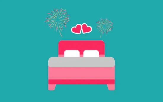Eine illustrative Grafik auf türkisfarbenem Hintergrund. Zu sehen ist ein pinkes Doppelbett mit grauer Decke und zwei weißen Kissen. Darüber schweben zwei kleine pinke Herzen und ein angedeutetes Feuerwerk. Das Icon illustriert Tipp 6: Schwanger werden soll immer noch Spaß machen – behaltet die Freude an der Intimität bei!