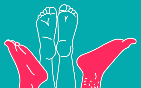 Eine illustrative Grafik auf türkisfarbenem Hintergrund, die mehrere Paare nackter Füße in verschiedenen Positionen zeigt. Zwei Füße sind weiß umrandet, zwei weitere sind flächig pink dargestellt. Die Grafik thematisiert humorvoll die Frage: In welcher Stellung werde ich schneller schwanger?