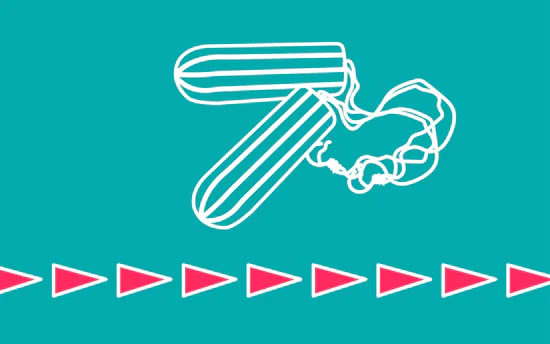 Eine Grafik auf türkisfarbenem Hintergrund, die zwei weiß umrandete Tampons mit Schnüren zeigt. Darunter verläuft eine horizontale Linie aus kleinen pinken Dreiecken. Die Illustration thematisiert die Frage: Bin ich fruchtbarer, wenn meine Blutung extrem lang ist?