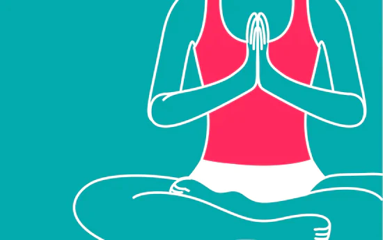 Eine stilisierte Grafik einer Frau im Yogasitz (Lotussitz) mit vor der Brust zusammengeführten Händen. Sie trägt ein pinkes Oberteil auf türkisfarbenem Hintergrund. Die Grafik illustriert das Thema Entspannung und die Frage: Hilft es beim Schwangerwerden, nach dem Sex liegen zu bleiben?