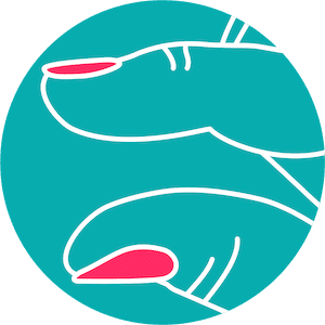 Eine kreisförmige Illustration auf türkisfarbenem Hintergrund. Sie zeigt zwei Finger (Daumen und Zeigefinger) mit pinken Nägeln, zwischen denen kein sichtbarer Zervixschleim zu sehen ist. Die Grafik symbolisiert das Gefühl von Trockenheit in Phase 1 nach der Menstruation oder Phase 4 nach dem Eisprung.