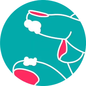 Eine kreisförmige Illustration auf türkisfarbenem Hintergrund. An den Fingerspitzen haften klumpige, dickliche weiße Schleimpartikel. Die Grafik illustriert eine typische Beschaffenheit des Zervixschleims in der Follikelphase, die als zäh oder klumpig wahrgenommen wird.