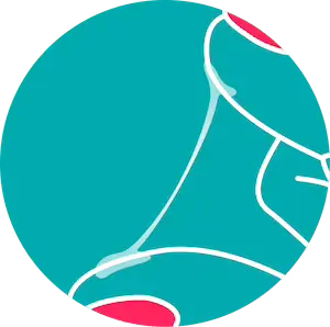 Eine kreisförmige Illustration auf türkisfarbenem Hintergrund. Die Finger ziehen einen sehr dünnen, elastischen und glasklaren Faden Zervixschleim weit auseinander. Das Icon visualisiert die höchste Schleimqualität (spinnbar), die den Eisprung im Zyklus ankündigt.