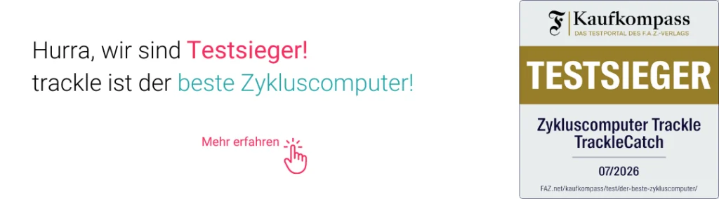 Werbebanner mit der Aufschrift ‚Hurra, wir sind Testsieger! trackle ist der beste Zykluscomputer!‘. Rechts daneben ist das offizielle Testsieger-Siegel von Kaufkompass (Testportal des F.A.Z.-Verlags) für den Zykluscomputer trackleCatch.