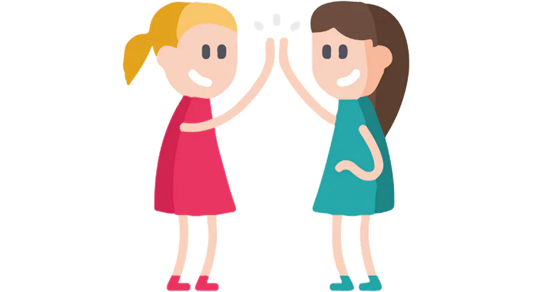 Eine digitale Illustration von zwei lächelnden jungen Frauen im Comic-Stil vor einem weißen Hintergrund. Die linke Figur trägt ein pinkes Kleid, die rechte ein türkisfarbenes. Sie geben sich gegenseitig ein High-Five, was Zusammenhalt und Begeisterung symbolisiert. Die Grafik wird für das trackle-Empfehlungsprogramm genutzt, um das Teilen von Erfahrungen unter Freundinnen darzustellen.