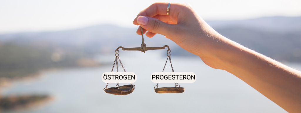 Symbolbild: Menschliche Hand mit einer Waage, die Schalen sind beschriftet mit "Progesteron" und "Östrogen"