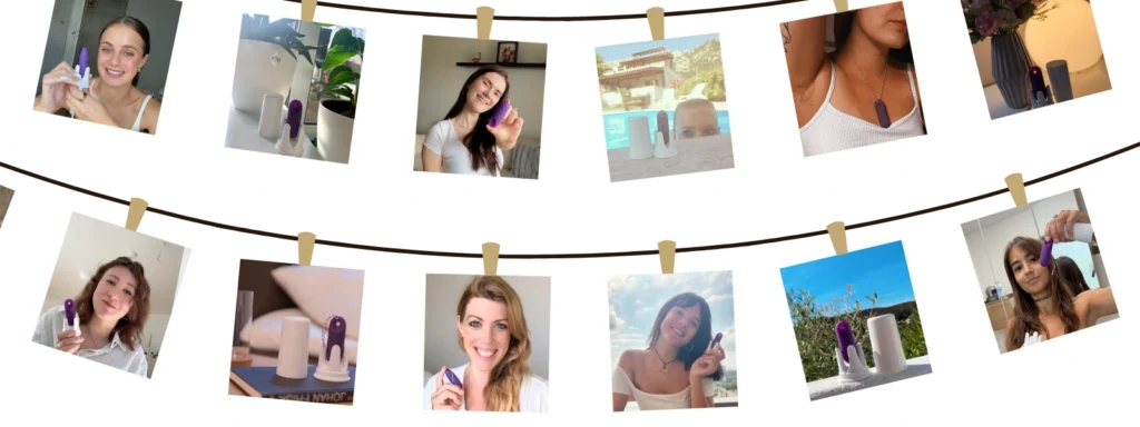 Eine Fotocollage im Polaroid-Stil, die an einer Leine aufgehängt ist. Zu sehen sind verschiedene Frauen, die glücklich mit ihrem trackle Sensor posieren, sowie Detailaufnahmen des Sensors im Alltag und im Urlaub. Die Collage symbolisiert die positiven trackle Erfahrungen.