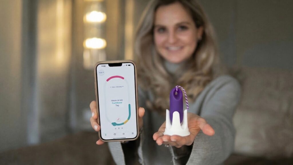 Frau mit trackle App und Sensor in der Hand