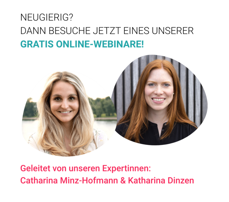 Eine Einladung zu den gratis Online-Webinaren von trackle. Das Bild zeigt Porträts der beiden Expertinnen Catharina Minz-Hofmann (links) und Katharina Dinzen (rechts), die durch die Kurse führen. Der Text lautet: „Neugierig? Dann besuche jetzt eines unserer gratis Online-Webinare!“.