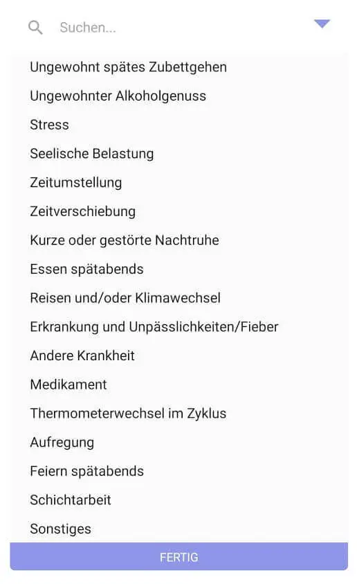 Menüliste der trackle App zur Auswahl von Störfaktoren wie Alkoholkonsum, Stress, Schlafmangel oder Krankheit, die die Basaltemperatur beeinflussen können.