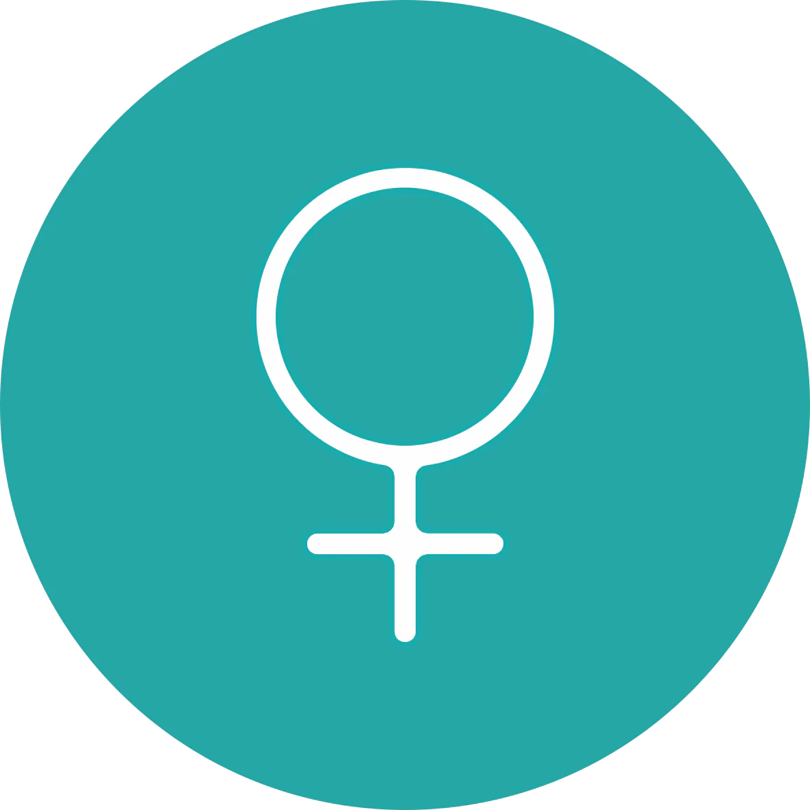 Ein weißes, kreisförmiges Icon auf türkisfarbenem Hintergrund. Es zeigt das klassische Venussymbol (Spiegel der Venus) als Symbol für Weiblichkeit. Das Icon visualisiert das Vertrauenssignal: „trackle wurde von einer Frau für Frauen entwickelt.“