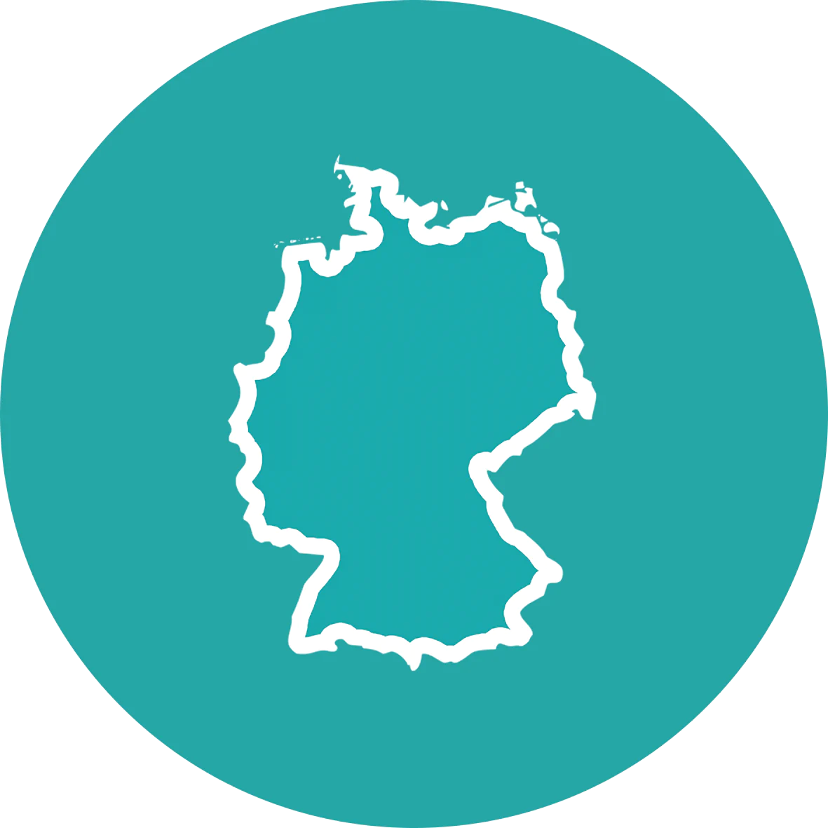 Ein weißes, kreisförmiges Icon auf türkisfarbenem Hintergrund. Es zeigt die stilisierte Außenlinie der Landkarte von Deutschland. Das Icon visualisiert das Qualitätsversprechen: „trackle wird in Deutschland hergestellt.“