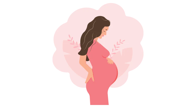 Eine stilisierte Illustration einer schwangeren Frau im Profil vor einem hellrosa, wolkenähnlichen Hintergrund mit zarten Pflanzenelementen. Die Frau trägt ein langes rosa Kleid, hat langes dunkles Haar und hält lächelnd ihre Hände schützend auf ihren Babybauch. Das Bild vermittelt ein Gefühl von Geborgenheit, Vorfreude und erfülltem Kinderwunsch.