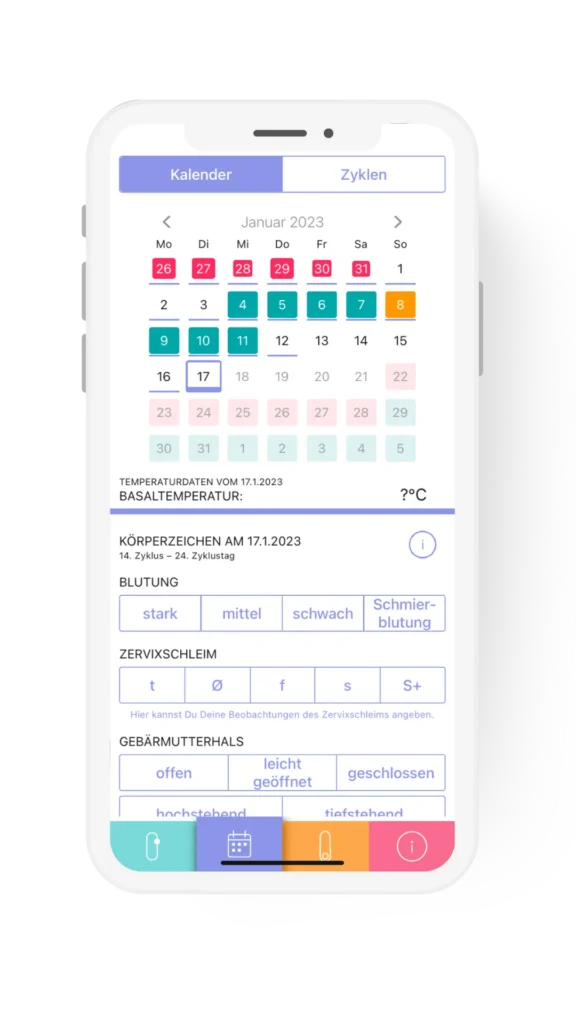 Mockup der trackle App mit Zykluskalender für die symptothermale Methode (NFP). Zu sehen sind farblich markierte fruchtbare Tage, Menstruationsphasen sowie Eingabefelder für Basaltemperatur, Zervixschleim und Muttermund-Status.