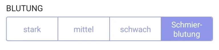 Eingabemaske der trackle App für die Blutungsstärke, wobei die Option Schmierblutung lila hervorgehoben ist.