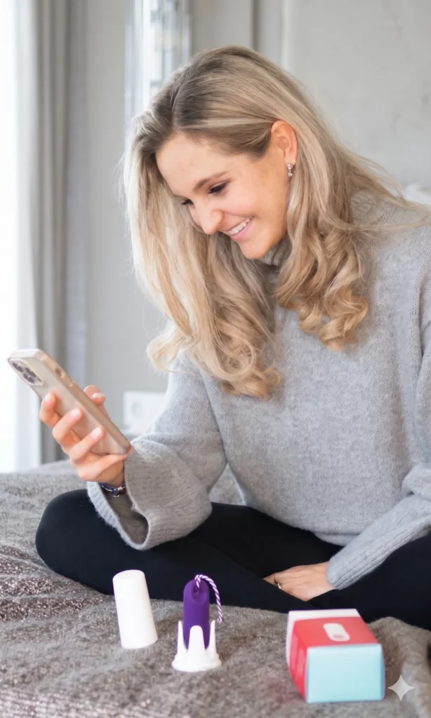 Eine lächelnde junge Frau mit blonden Haaren sitzt gemütlich auf einem Bett und hält ihr Smartphone in der Hand. Vor ihr auf der Decke stehen der trackle Sensor in seiner lila Aufbewahrung sowie die dazugehörige Verpackung. Das Bild illustriert die einfache Datensynchronisation zwischen dem Basaltemperatursensor und der Smartphone-App.