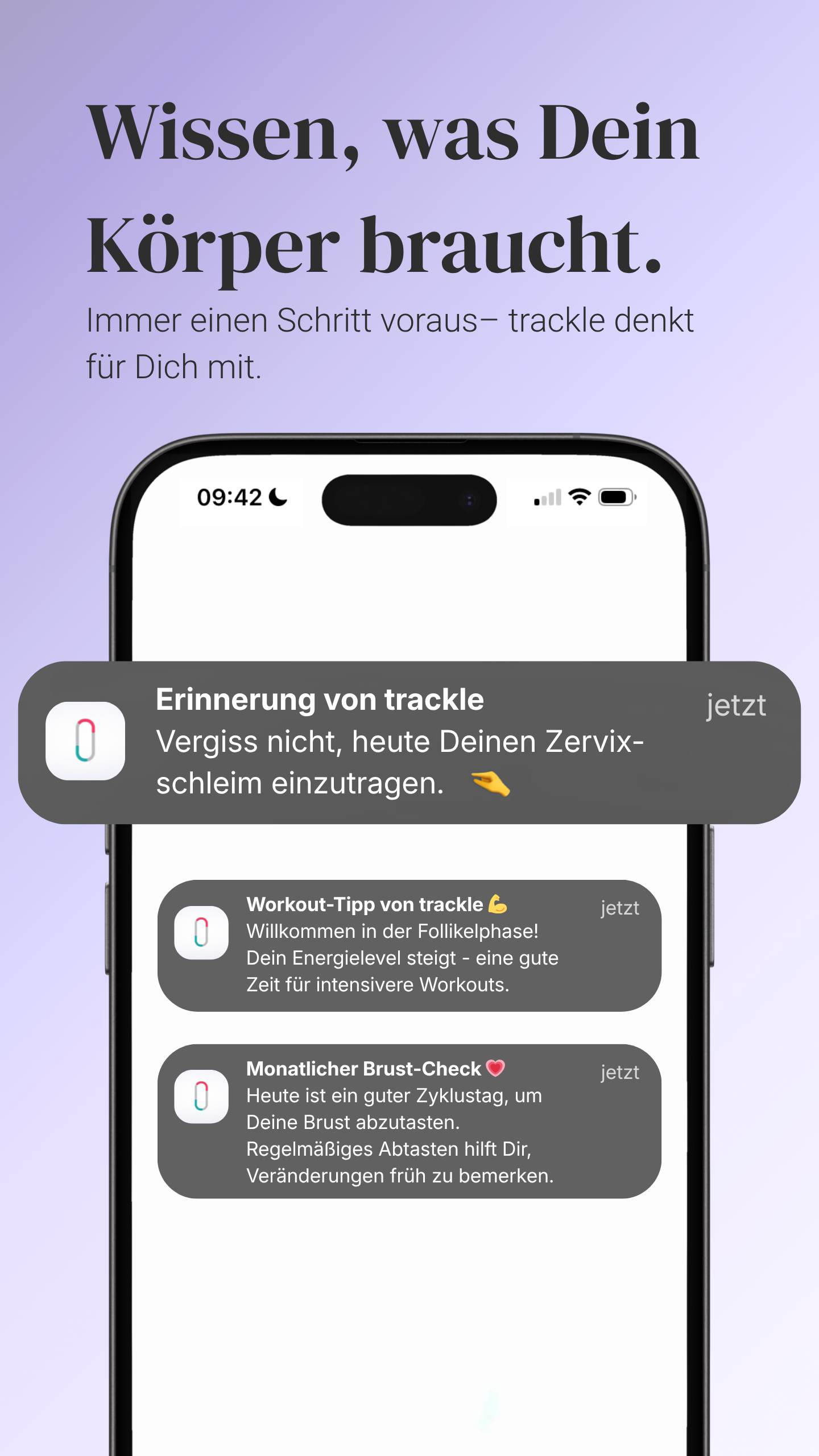 Infografik mit der Überschrift „Wissen, was Dein Körper braucht“. Das Smartphone zeigt drei Push-Benachrichtigungen der trackle-App: eine Erinnerung zum Eintragen des Zervixschleims, einen Workout-Tipp für die Follikelphase und eine Erinnerung für den monatlichen Brust-Check.