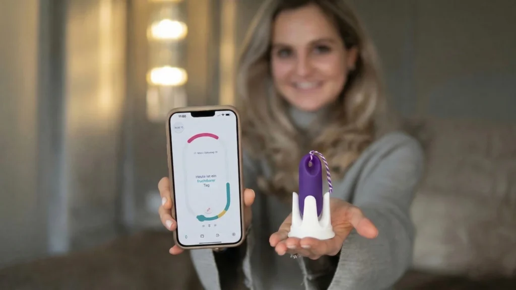 Eine lächelnde Frau hält das trackle Sensorsystem in einer Halterung und ein Smartphone mit der geöffneten Zyklus-App in die Kamera.